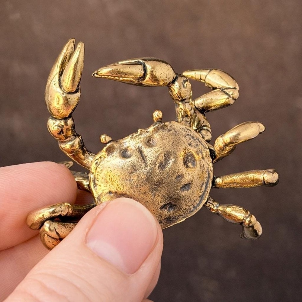 Brass Crab Figurine Miniature Ocean Totem Altar Decor Spirit Animal 1970s Style